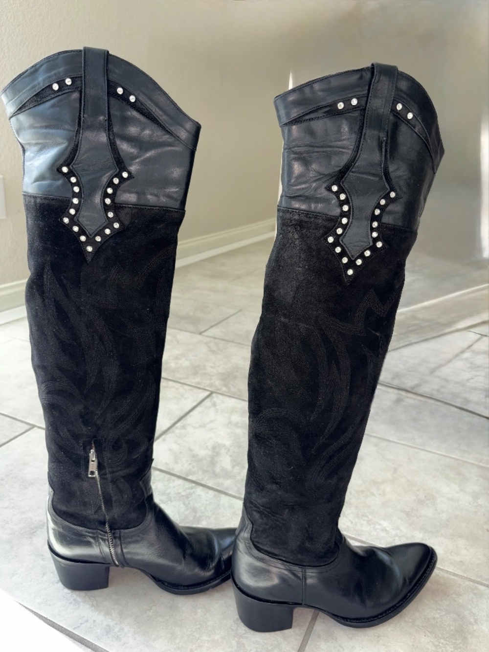 VINTAGE RARE!! OLD GRINGO Black Leather Suede Over Knee Crystal Western Boot 8